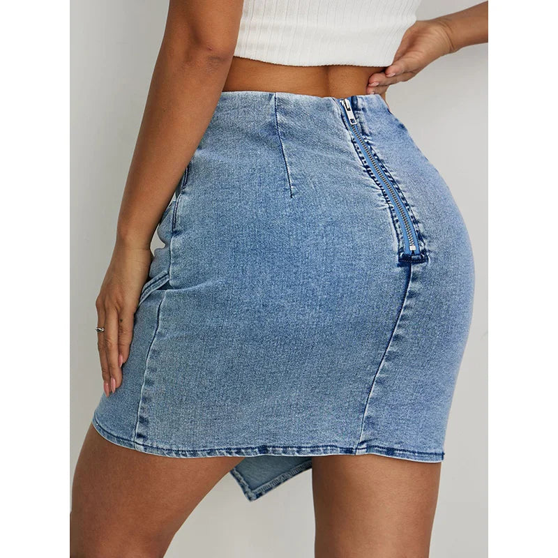 Benuynffy High Waist Ruched Asymmetrical Denim Skirt Women's Street Retro Back Zipper Sexy Hip-wrapped Mini Skirts 2025 New