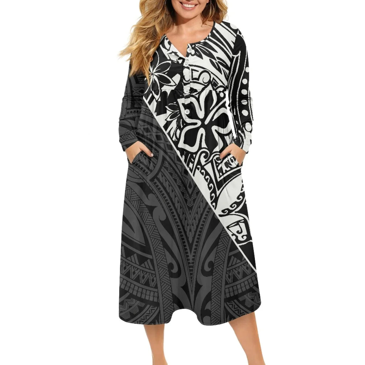 Clothing Women High Quality Polynesian Marquesan Cross Dress Loose Plus Size Ladies V Neck Button Dress Printed On Demand