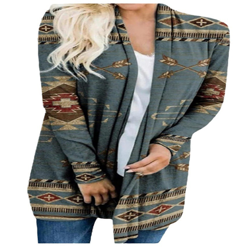 Cardigan Women's Geometric Print Ethnic Coat