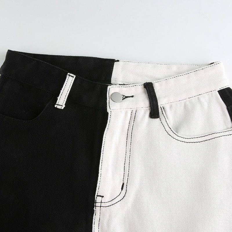 Black And White Patchwork Jeans For Women High Waisted