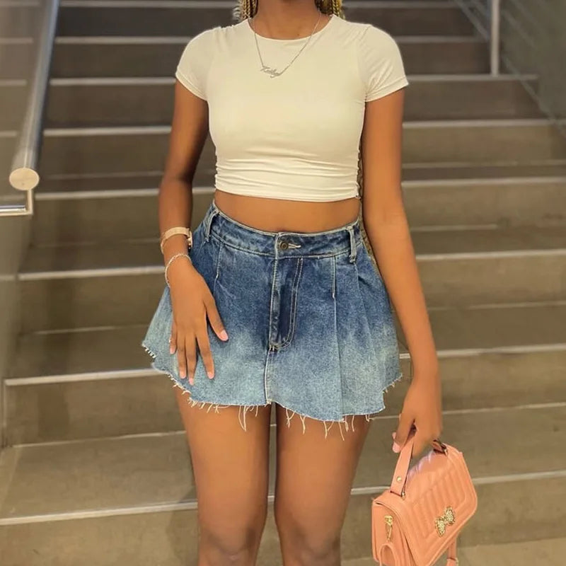 Benuynffy Y2k Streetwear Raw Hem Pleated Denim Skirt Women's Summer Retro Fashion High Waisted Harajuku A-Line Mini Skirts 2025