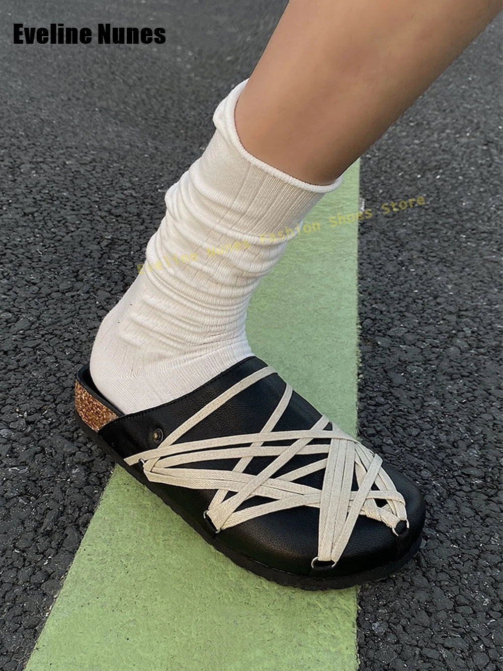 Cross Tied Back Strap Fashion Mules Round Toe Thick Sole Slip On Street Style Couple Casuals Slippers 2025 Summer New Arrivals