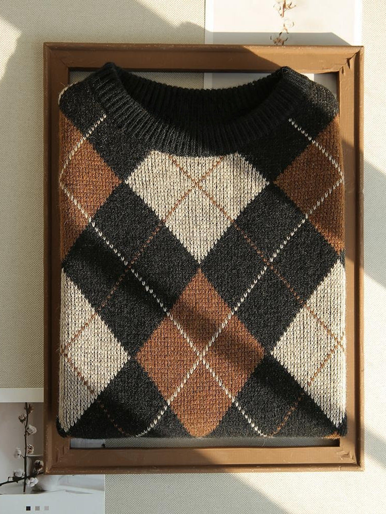 Contrast Color Diamond Plaid Wool Top