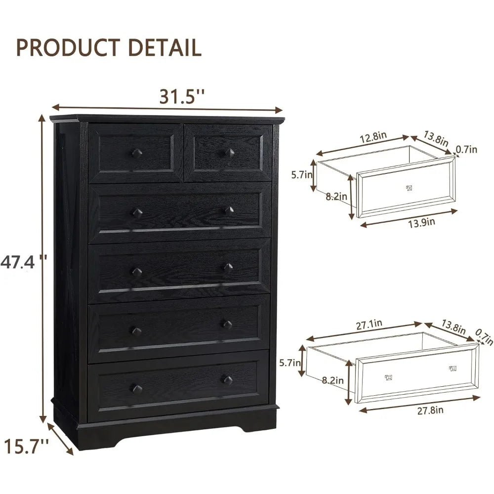 Farmhouse 6 Drawer Dresser, Dressers Chest of Drawer for Bedroom Organizer Storage, 48 Inch Tall Dresser, Wood Dressers Storage
