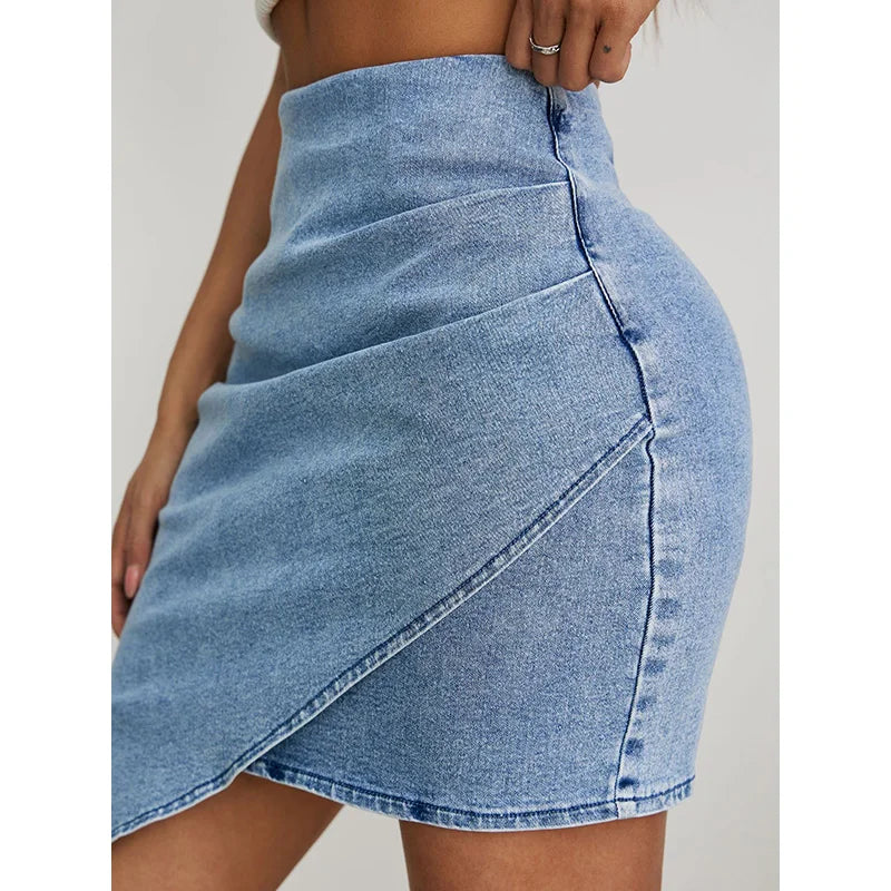 Benuynffy High Waist Ruched Asymmetrical Denim Skirt Women's Street Retro Back Zipper Sexy Hip-wrapped Mini Skirts 2025 New