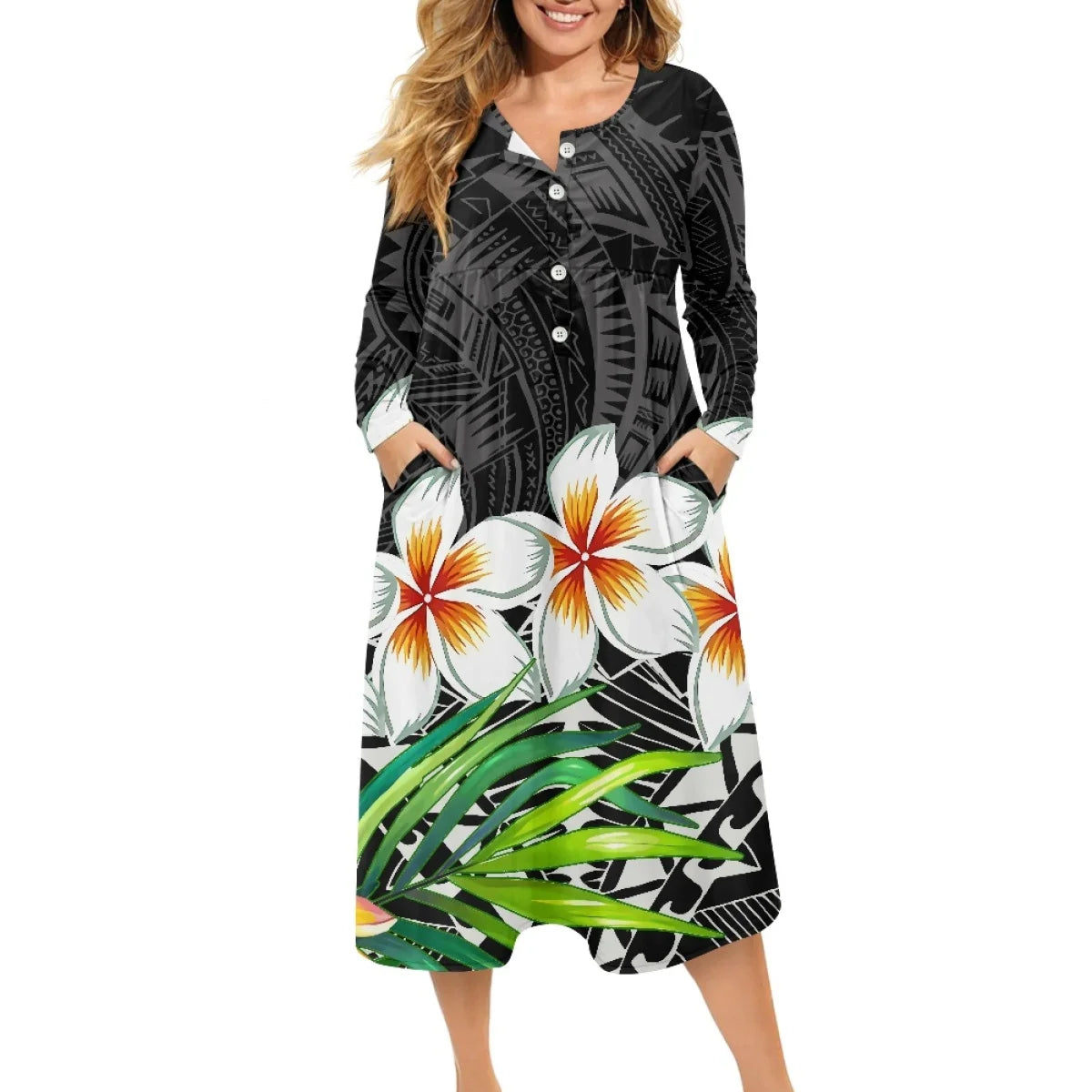 Clothing Women High Quality Polynesian Marquesan Cross Dress Loose Plus Size Ladies V Neck Button Dress Printed On Demand
