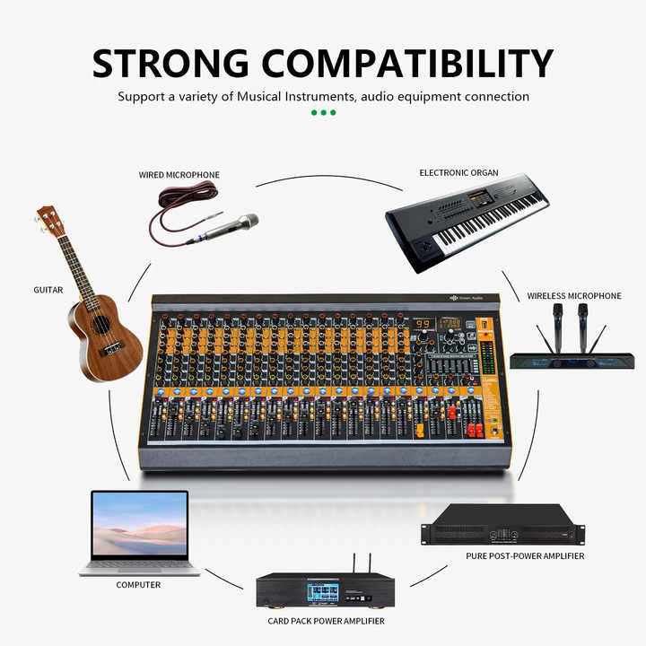 COOYINKA Professional Mixer Dual 12-band Level Display Main Output, MP3 with Digital Display Earphone Display Output