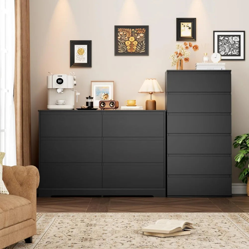 6 Drawer Double Dresser, Black Dresser, Modern 6 Chest of Drawers with Deep Drawers, Wide Storage Organizer Cabinet