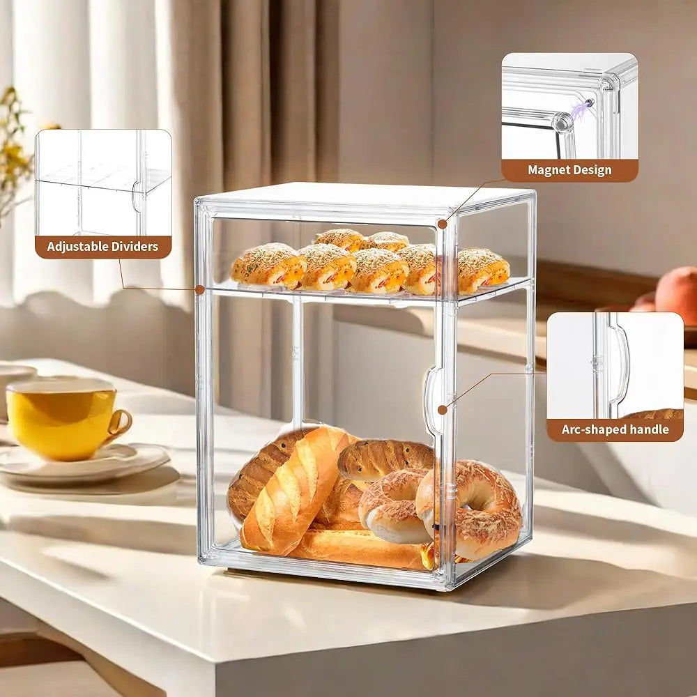 Bread Box For Kitchen Countertop Pastry Display Case 4 Layers Adjustable Clear Bread Storage Container With Magnetic Door Bread