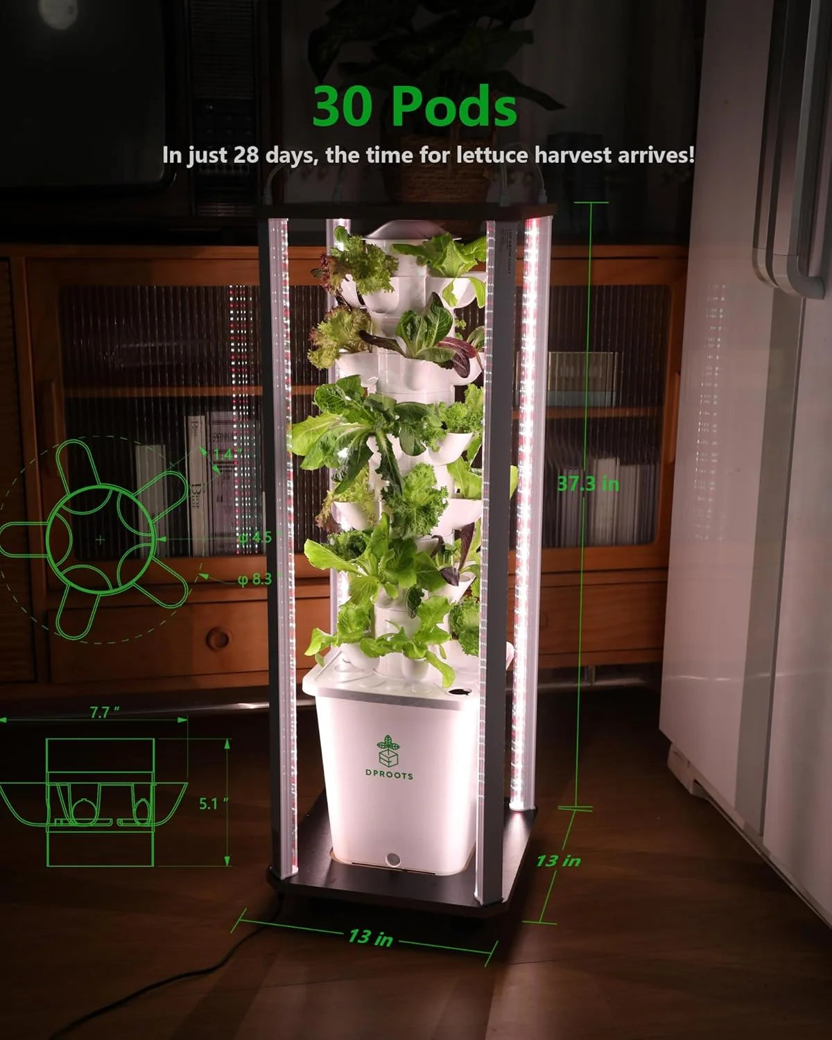 DPROOTS 30 Pods Vertical Hydroponic Tower Growing System for Garden Indoor Led Grow Light Vegetables Smart Movable Planting Kit