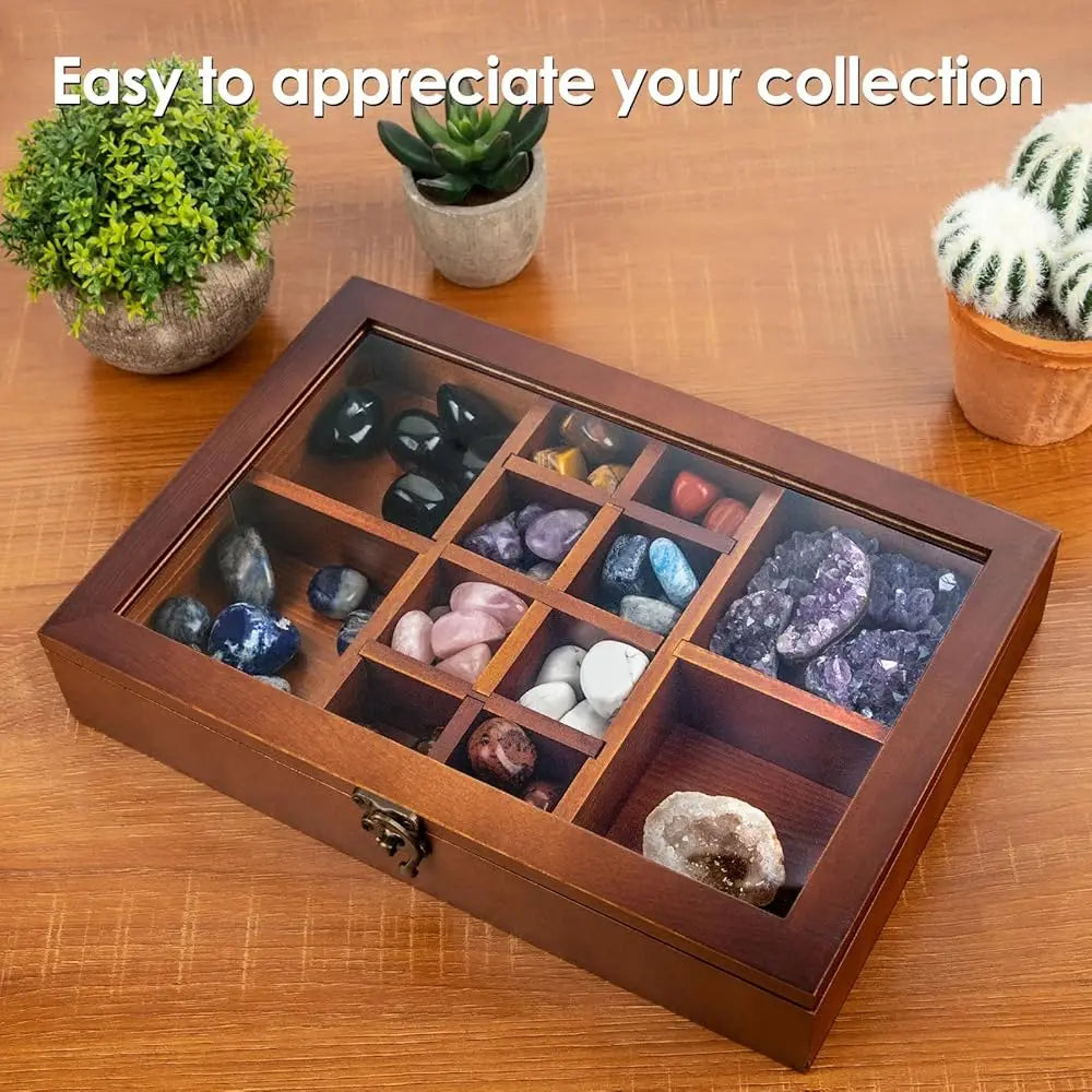 Adjustable Ro Display Case, Crystal Collection Box With Shelves, Wood Witchy Stones Organizer Storage,Gem Holder With Lid For