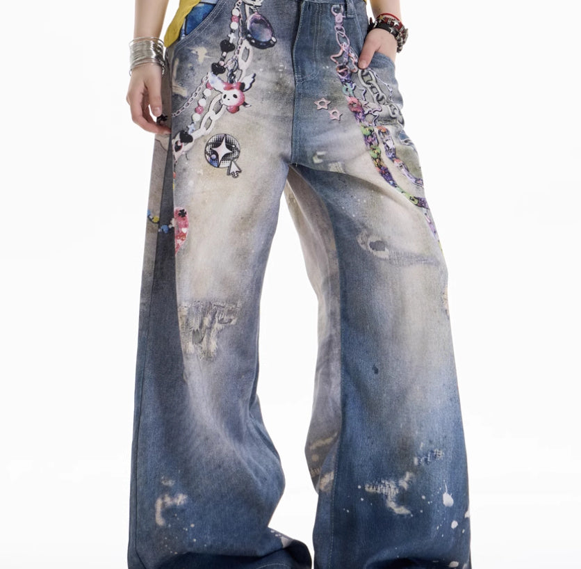 American Retro Cartoon Chain Printed Jeans