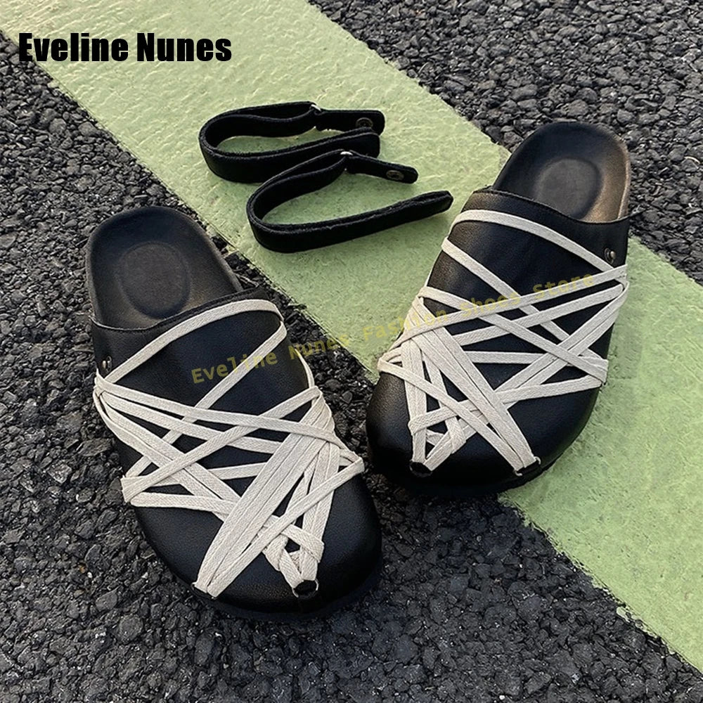 Cross Tied Back Strap Fashion Mules Round Toe Thick Sole Slip On Street Style Couple Casuals Slippers 2025 Summer New Arrivals