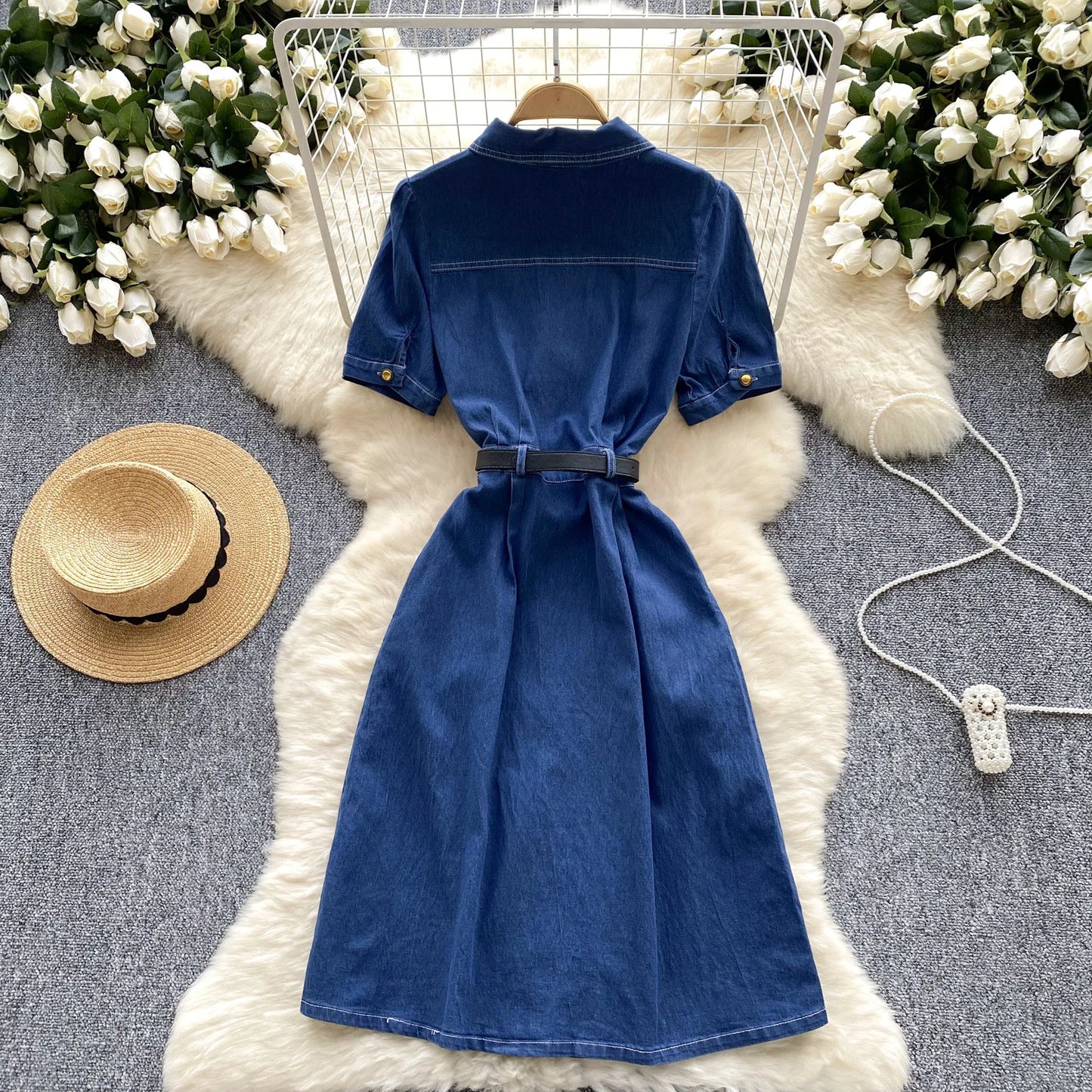 A New Summer Fashion Denim Dress.retro Polo Neck Short-sleeved Metal Single-breasted Belt Cinched Waist Denim Dress for Women