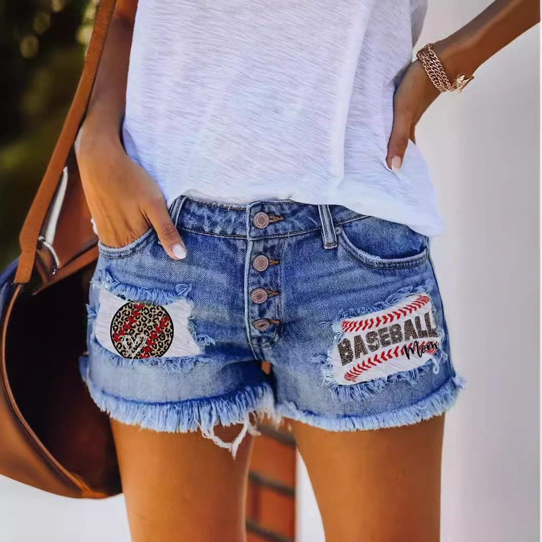 European And American Leisure Ripped Print Patch Tassel Denim Straight Shorts Female