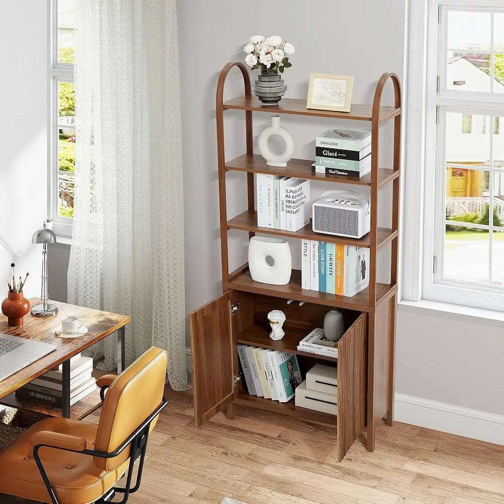 71” Tall Arched Bookshelf Storage With Fluted Doors, Mid Modern 6 Tier Bookshelves, Freestanding Bookcase Cabinet With Open