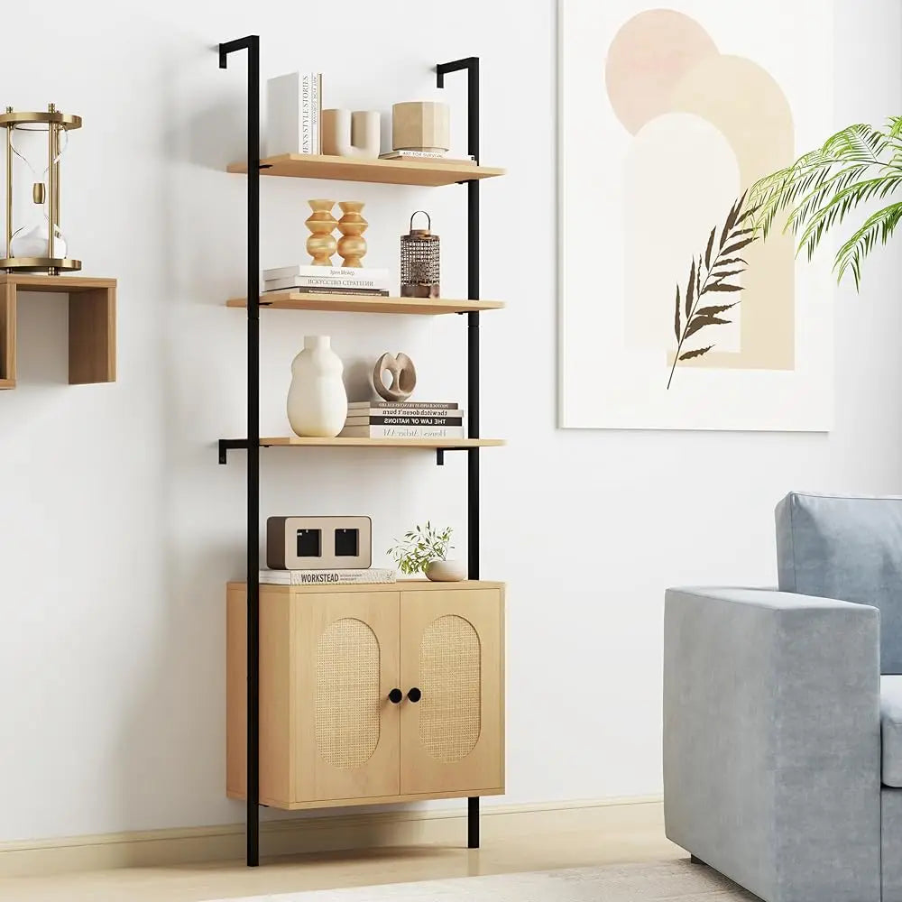 72.5'' Tall Bookshelf With Cabinet Set Of 2, 4-Tier Wall Mount Ladder Shelf With Rattan Cabinet, Adjustable Shelf, Metal Frame,
