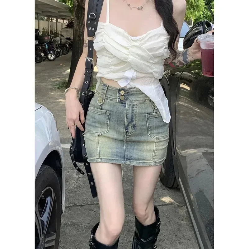 American Retro High-waisted Denim Half Body Skirt.Summer Fashion Hot Girl Outfits Ladies.Casual Hip Wrap A-line Mini Culottes
