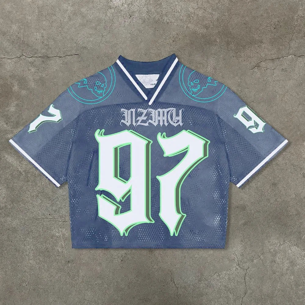 Fashion Contrasting Colors Mesh Surface Loose T-shirts Summer Splicing Printed Quick Drying Basketball Jersey Y2K Short-sleeves
