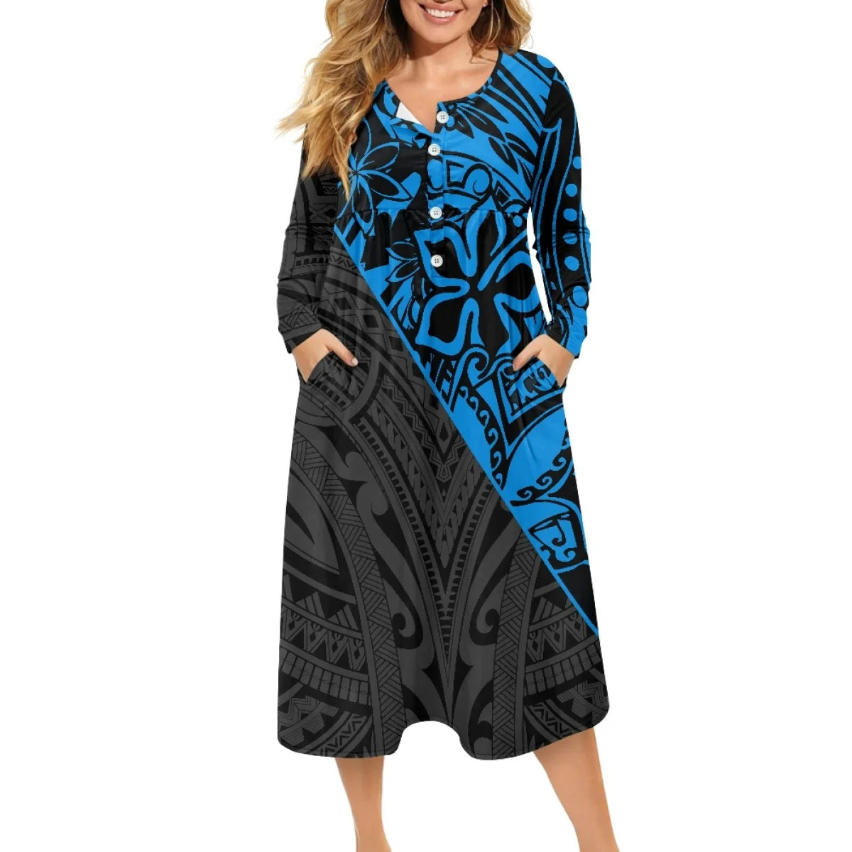 Clothing Women High Quality Polynesian Marquesan Cross Dress Loose Plus Size Ladies V Neck Button Dress Printed On Demand