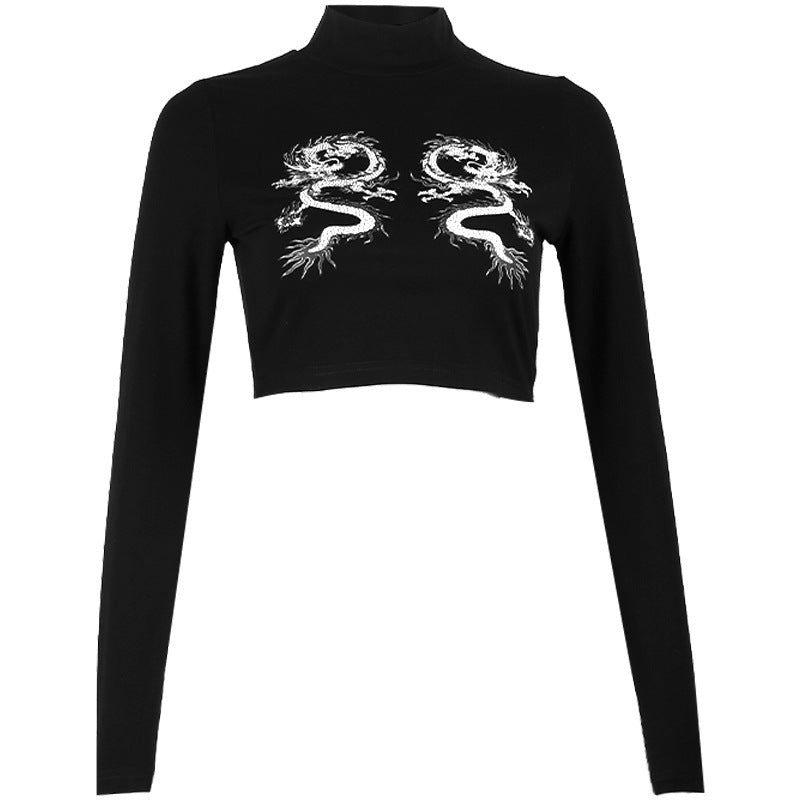 Dark Double Dragon Print Cropped Long Sleeve T Shirt