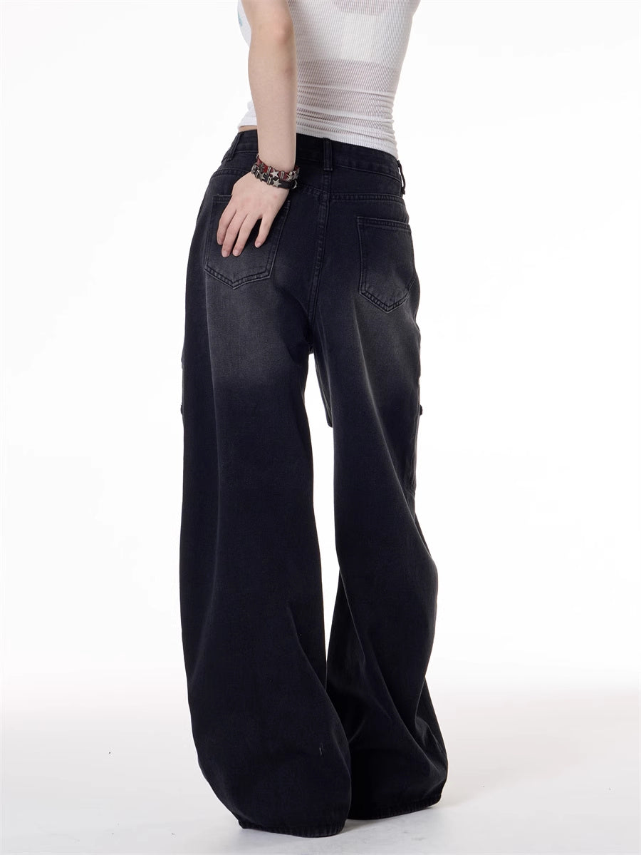 American Retro Hot Girl Style Multi-pocket Deconstructive Design Jeans