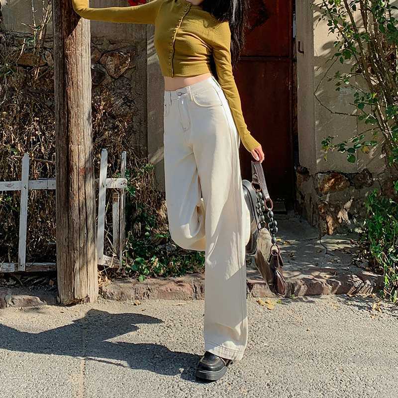 Beige High Waist Straight Skinny Jeans For Women Design Wide Leg Drape Mopping Pants