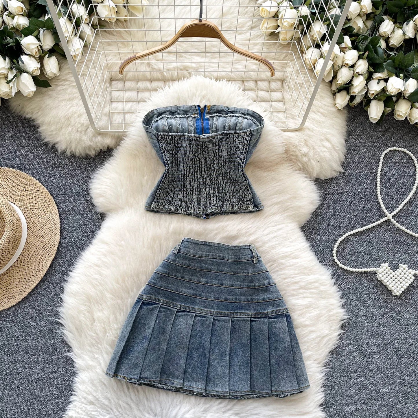 American Spice Girl Denim Suit, Women's Heavy Industrial Rivets Zipper Sleeveless Strapless Top,High-waisted Pleated Denim Skirt