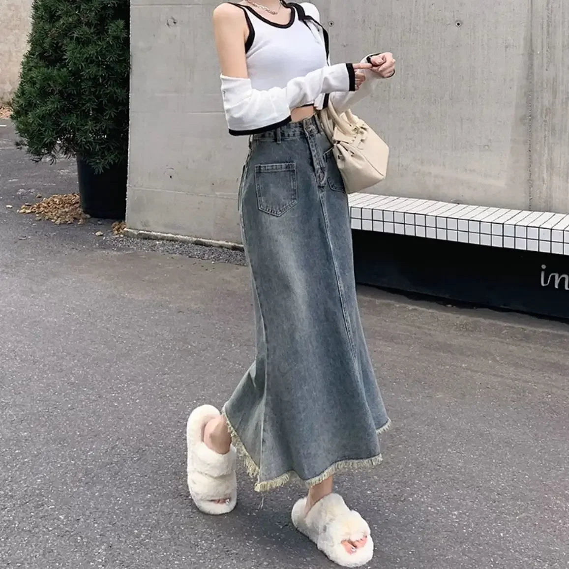Chic and Elegant Midi With Pocket Woman Denim Skirt Y2k Vintage Streetwear Korean Style Premium Stylish Jeans Skirts for Women