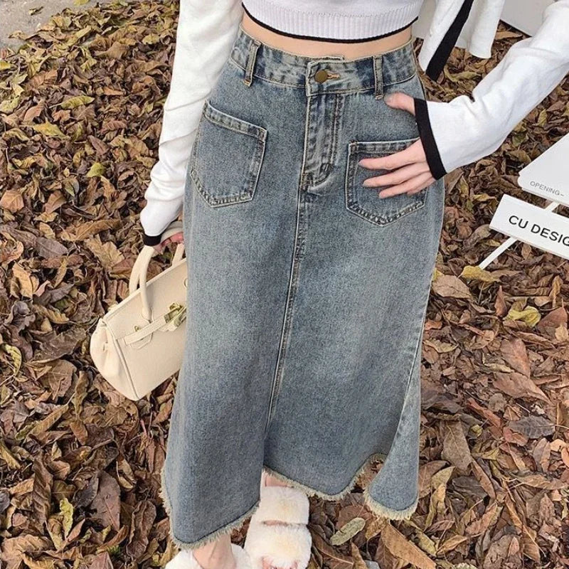 Chic and Elegant Midi With Pocket Woman Denim Skirt Y2k Vintage Streetwear Korean Style Premium Stylish Jeans Skirts for Women