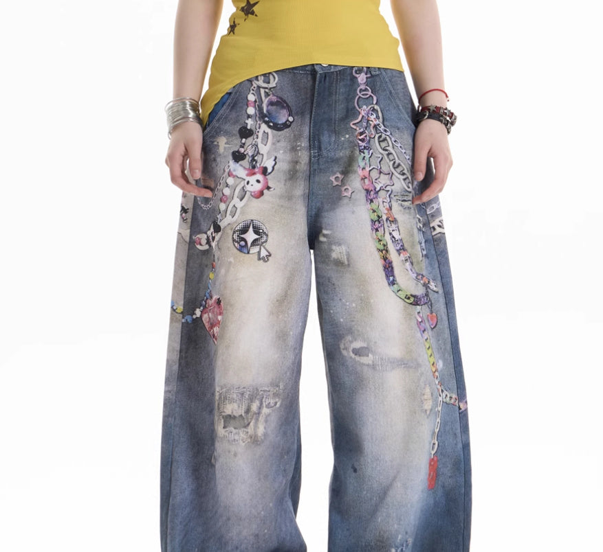 American Retro Cartoon Chain Printed Jeans