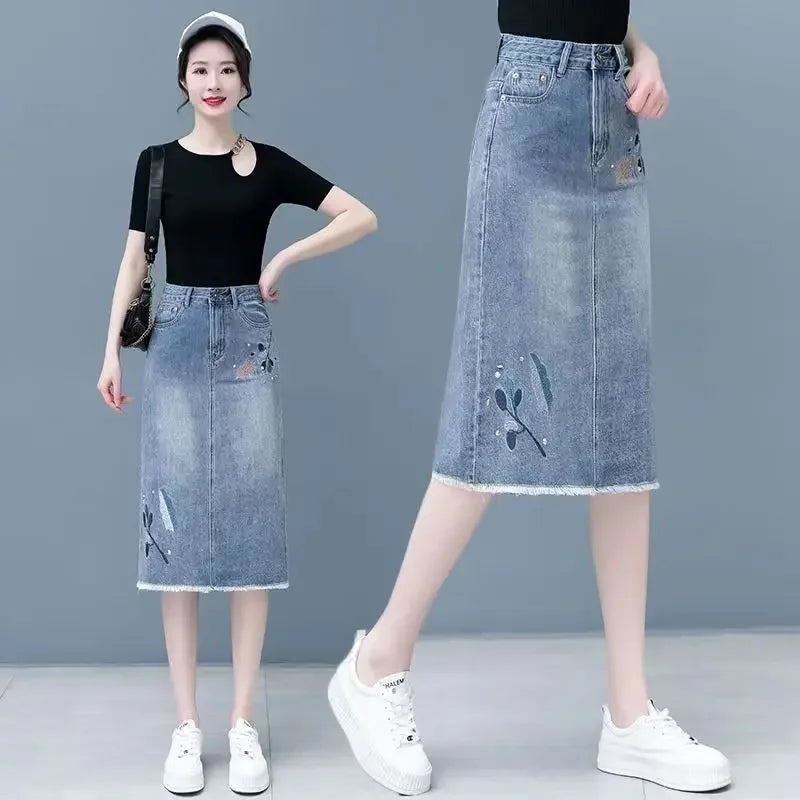 Fashion Midi High Waist Women's Denim Skirt Korean Style Female Jeans Skirts Aesthetic Y2k Vintage Chic and Elegant Streetwear