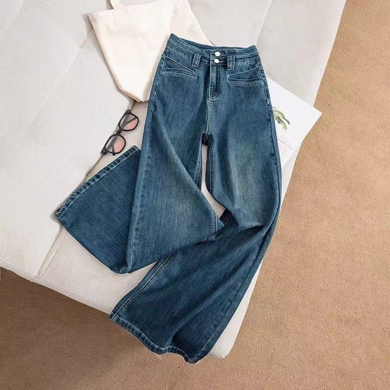 Dark Blue High Waist Drape Denim Wide Leg Pants Retro Pants Slim And Tall Stylish Straight Pants