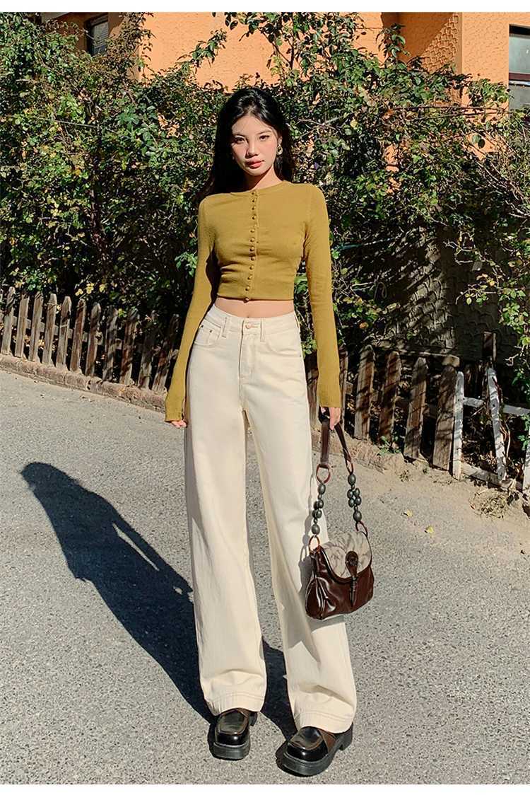 Beige High Waist Straight Skinny Jeans For Women Design Wide Leg Drape Mopping Pants