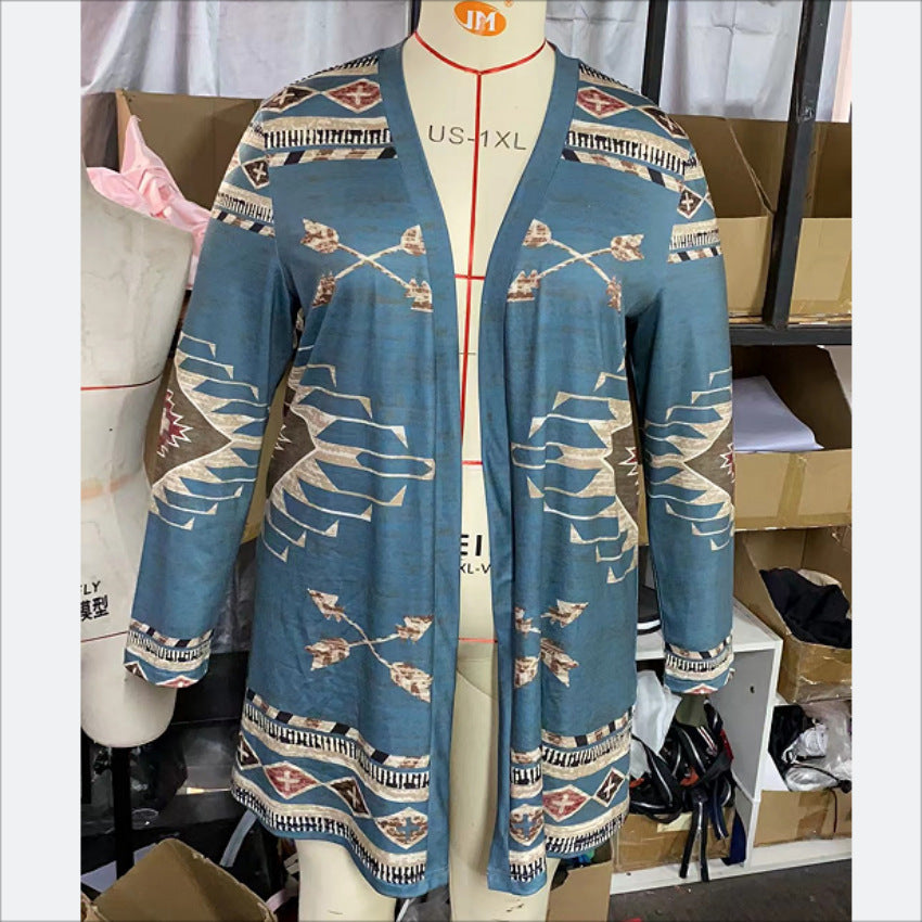 Cardigan Women's Geometric Print Ethnic Coat