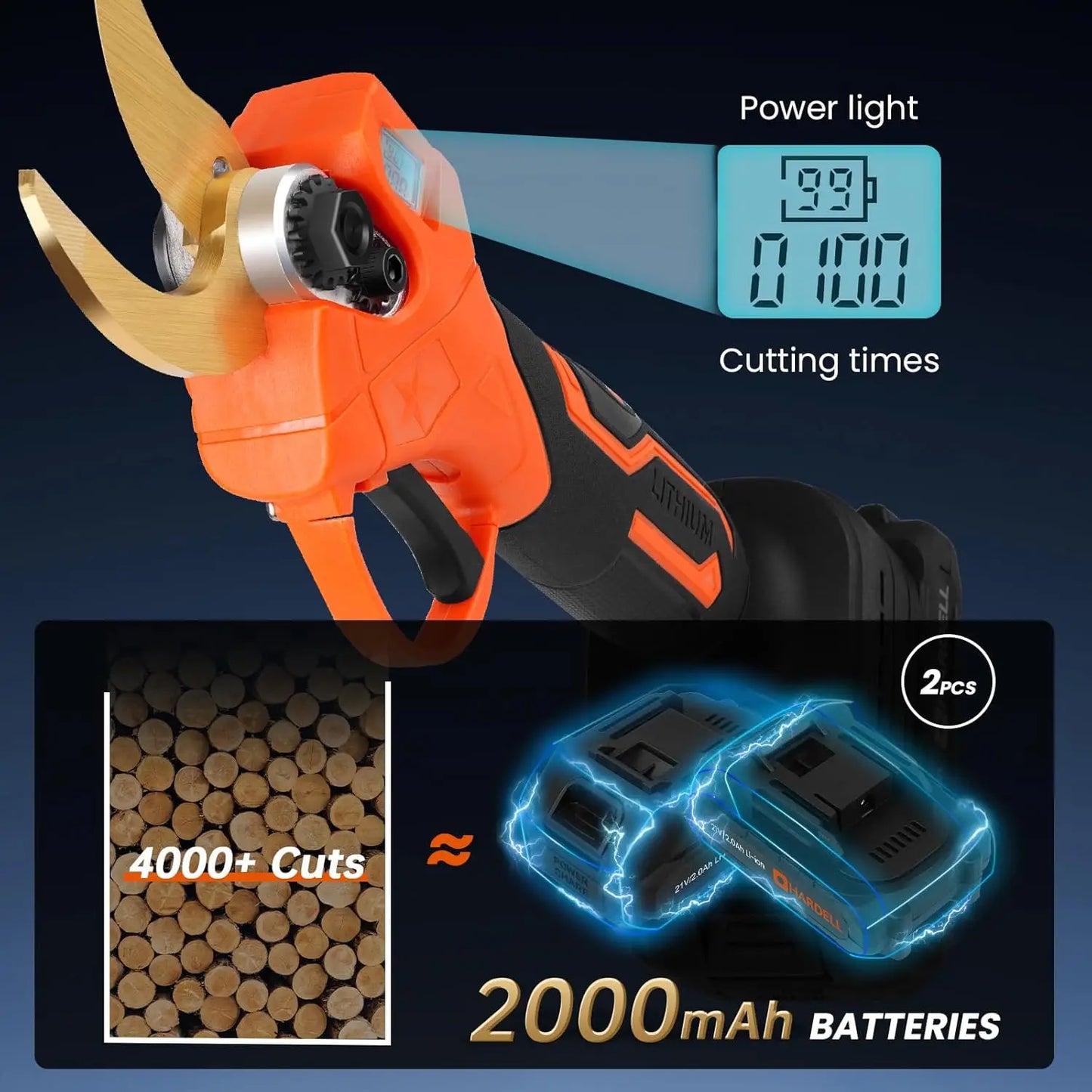 Electric Pruning Shears, 21V Electric Pruner with LCD Display, Cordless Pruning Shears Brushless with 2Pcs Rechargeable Batterie