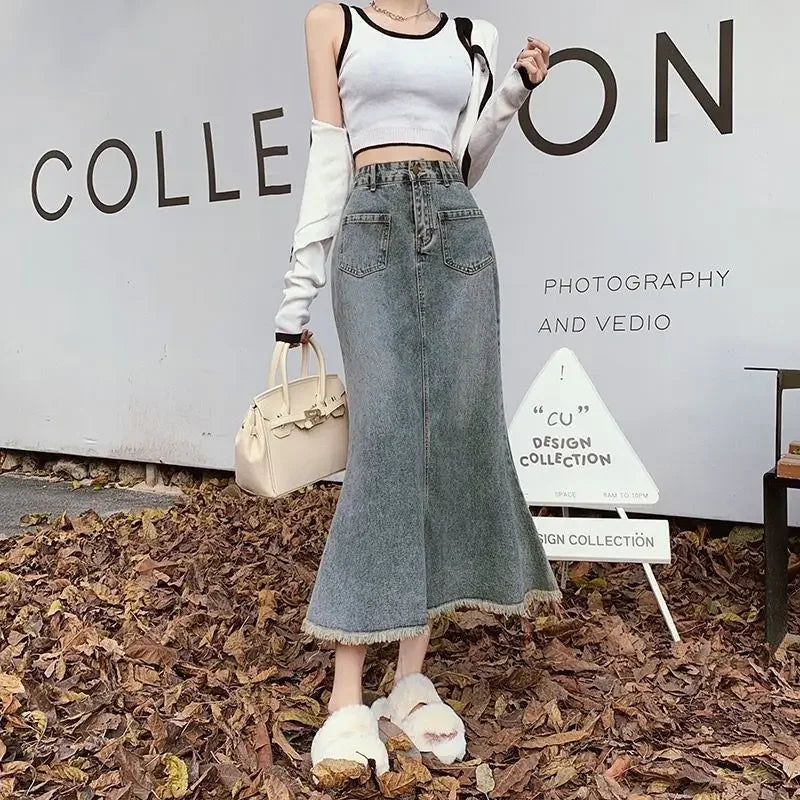 Chic and Elegant Midi With Pocket Woman Denim Skirt Y2k Vintage Streetwear Korean Style Premium Stylish Jeans Skirts for Women
