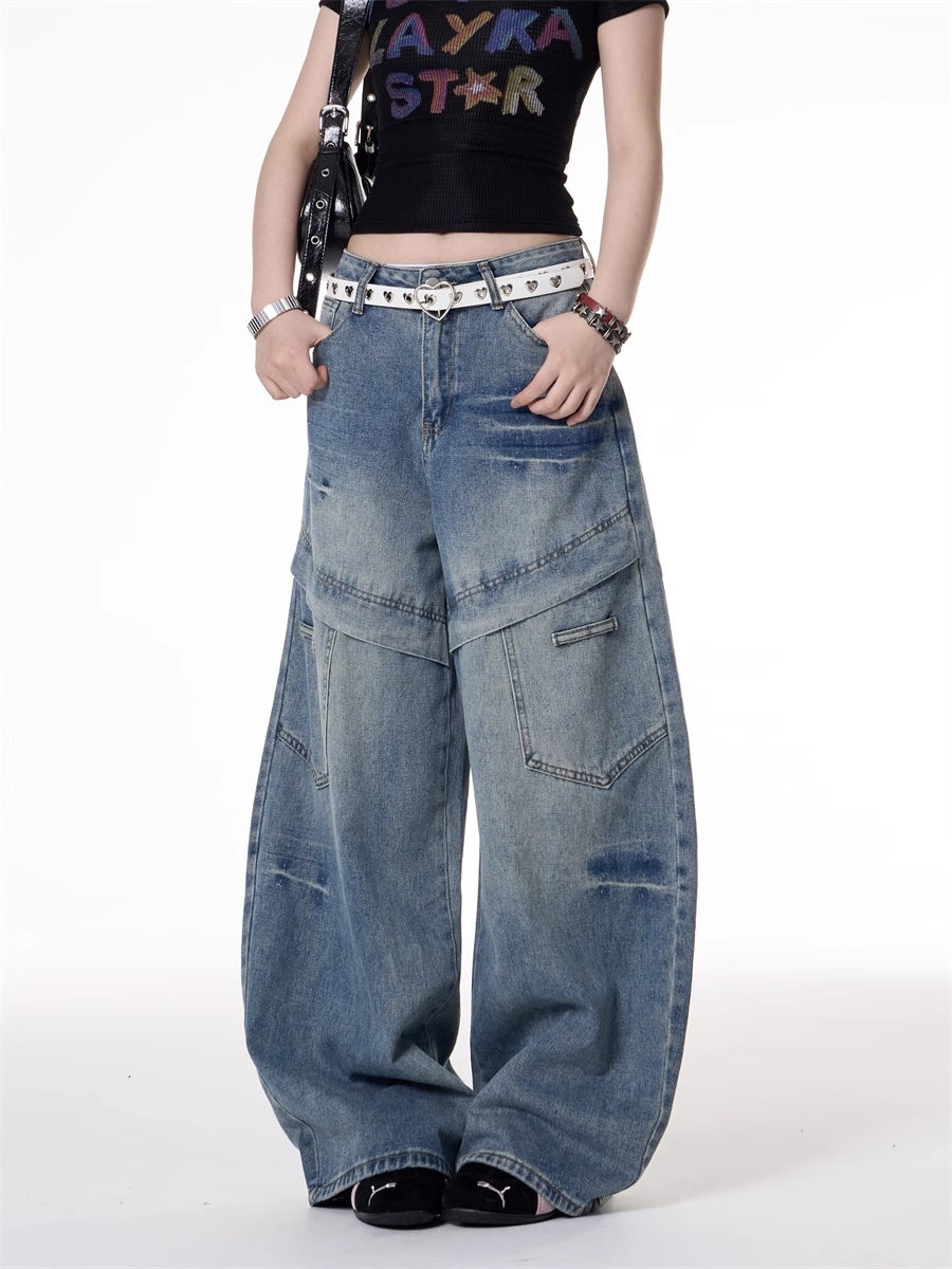 American Retro Hot Girl Style Multi-pocket Deconstructive Design Jeans