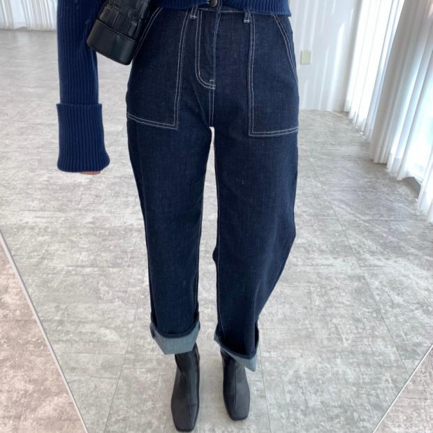 Autumn And Winter Simplicity Bright Line High Waist Slimming Double Pocket One Button Wide Leg Design Jeans Trousers For Women