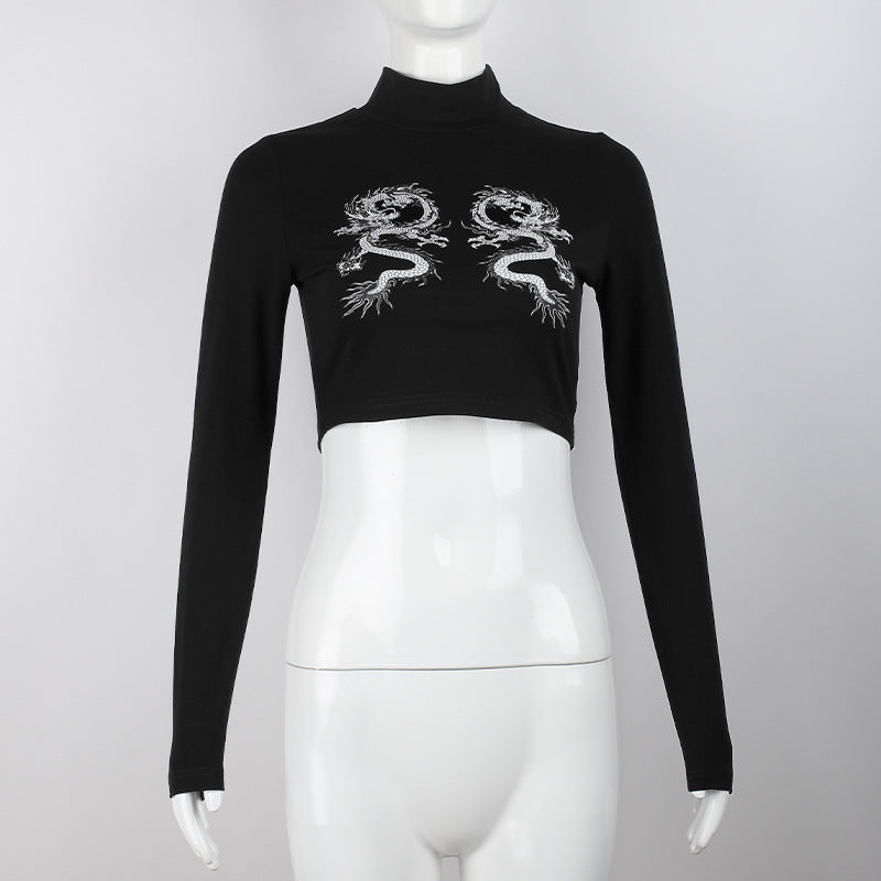 Dark Double Dragon Print Cropped Long Sleeve T Shirt