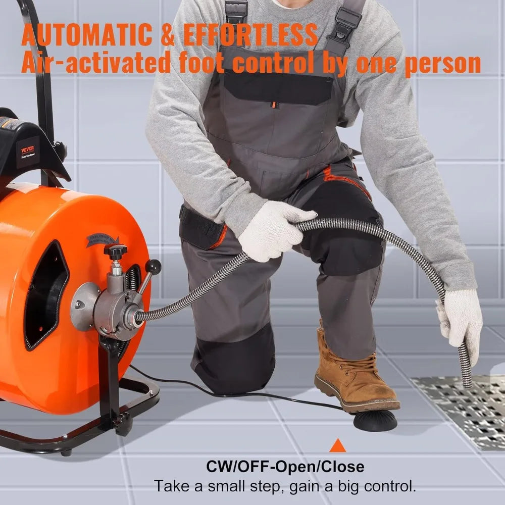 Drain Cleaning Machine 100FT x 3/4 Inch, Sewer Snake Machine Auto Feed, Drain Auger Cleaner with 4 Cutter & Air-Activated