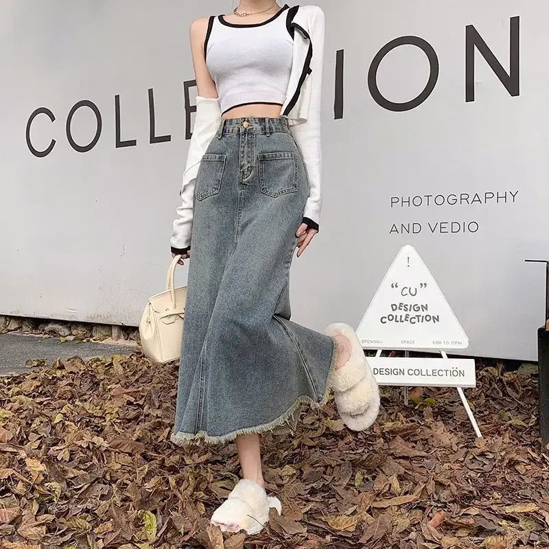 Chic and Elegant Midi With Pocket Woman Denim Skirt Y2k Vintage Streetwear Korean Style Premium Stylish Jeans Skirts for Women