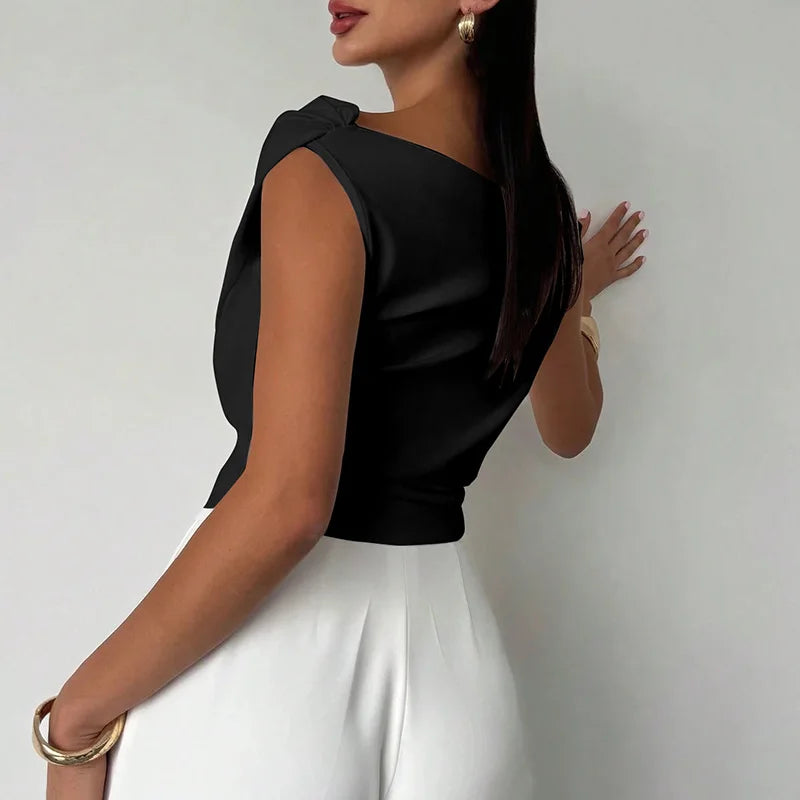 Fashion Asymmetric Slash Collar Short Tops Casual Sleeveless Pleated Commute Shirts Elegant Solid Color Slim Simple Women's Tops