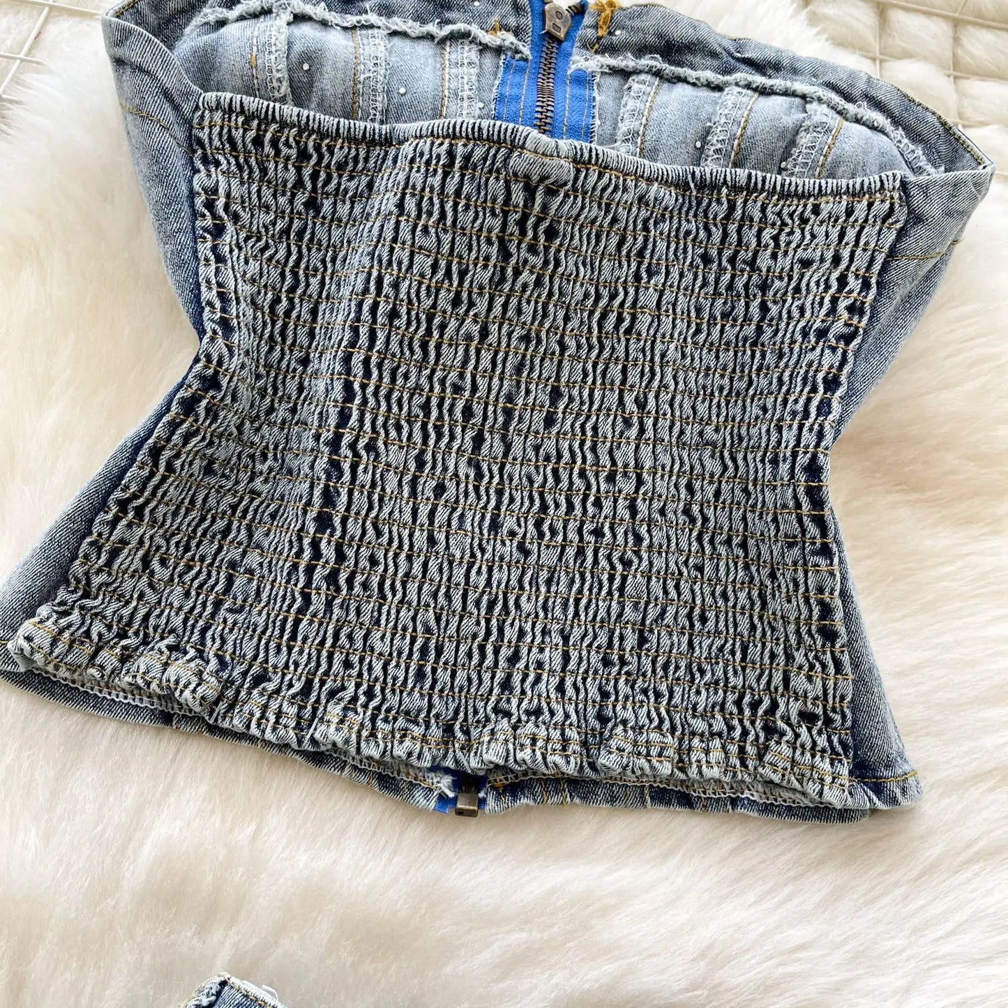 American Spice Girl Denim Suit, Women's Heavy Industrial Rivets Zipper Sleeveless Strapless Top,High-waisted Pleated Denim Skirt