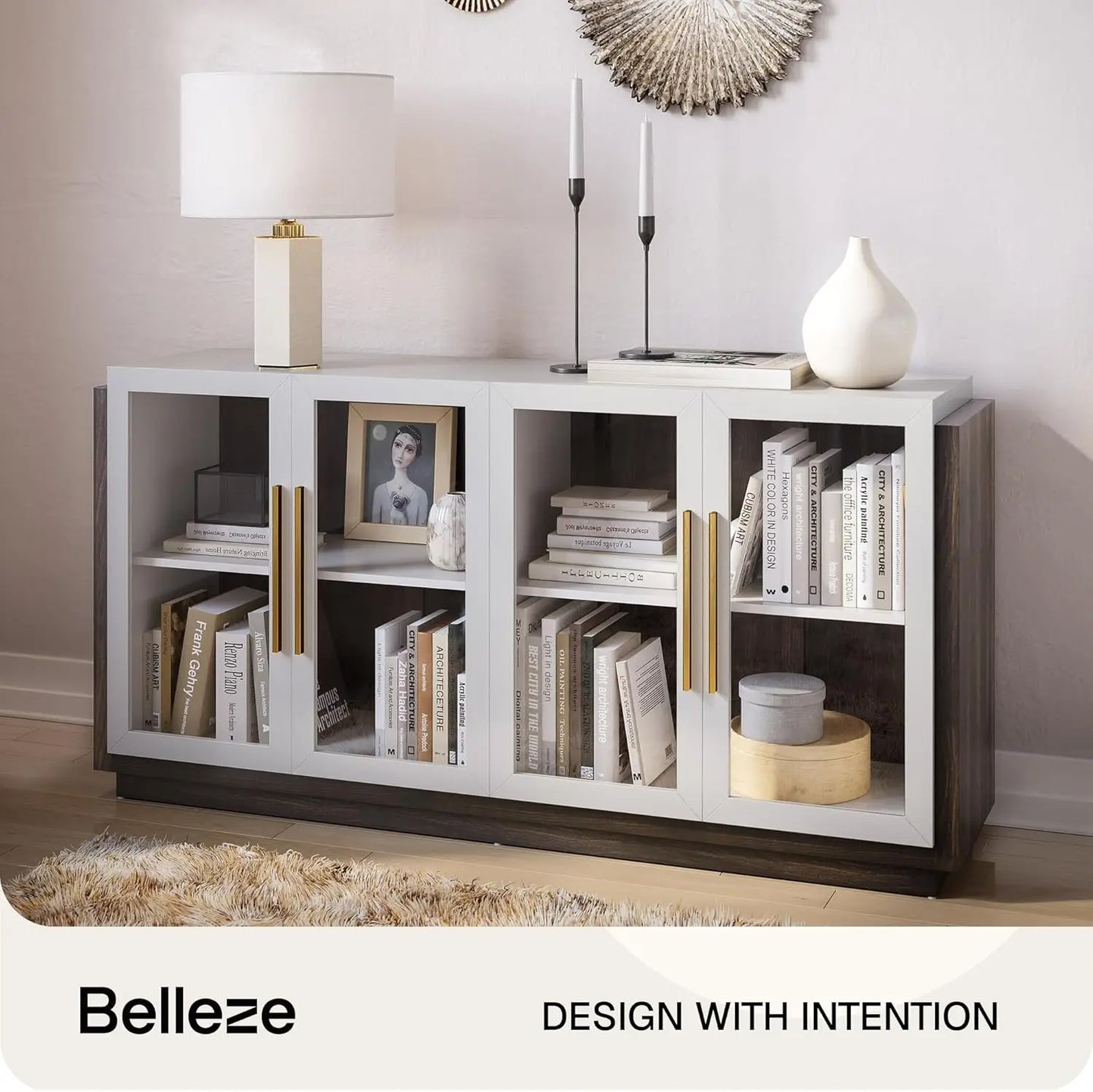 Belleze Sideboard Buffet Cabinet, Modern Wood Glass-Buffet-Sideboard With Storage, Console Table For Kitchen, Dining Room,