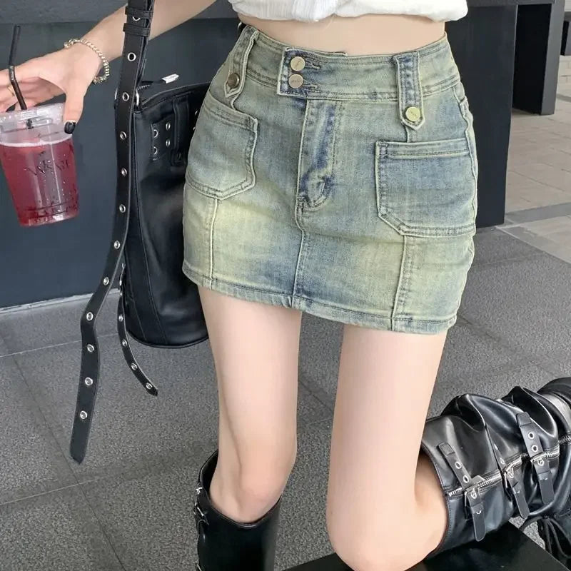 American Retro High-waisted Denim Half Body Skirt.Summer Fashion Hot Girl Outfits Ladies.Casual Hip Wrap A-line Mini Culottes