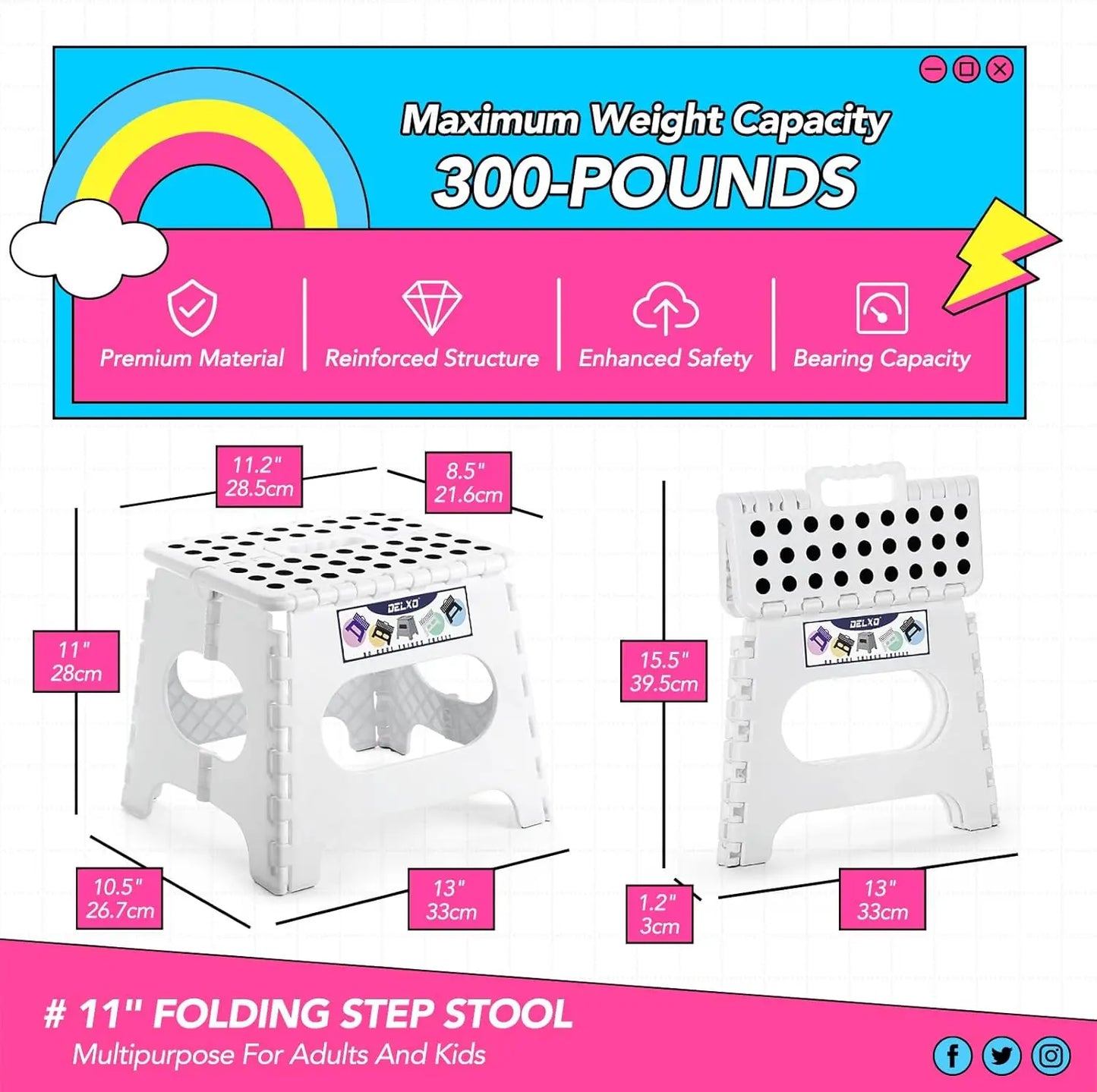 Delxo Folding Step Stool,11 Inch Non-Slip Foldable Step Stools For Kids And Adults,Portable Foldable Step Stool Lightweight