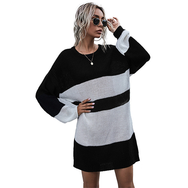 European And American Knitted Round Neck Stitching Striped Sweater Dress