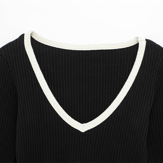 Fashion European And American Style Laminated Decoration V-neck Long-sleeve Knitwear