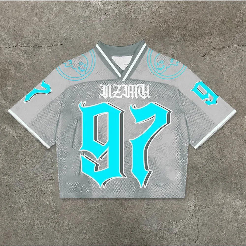 Fashion Contrasting Colors Mesh Surface Loose T-shirts Summer Splicing Printed Quick Drying Basketball Jersey Y2K Short-sleeves